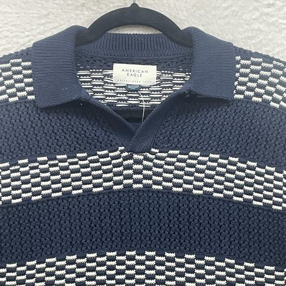 American Eagle Polo Shirt Mens XS Navy Blue Cotton Crochet Striped Checkered New - Picture 4 of 10